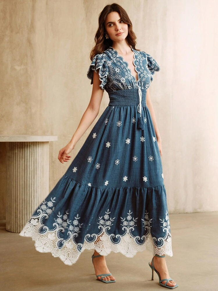 Vintage Embroidered Lace Patchwork V-Neck Short Sleeve Waisted Maxi Dress Tanka Jahari Capri Blue Alnagma