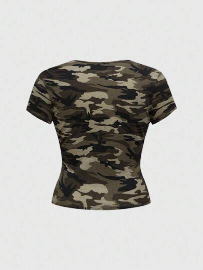 J-Fashion Y2K Baddie Abby Flag English Rhinestone Camo Tight Fit Plus Size Women T-Shirt,Back To School