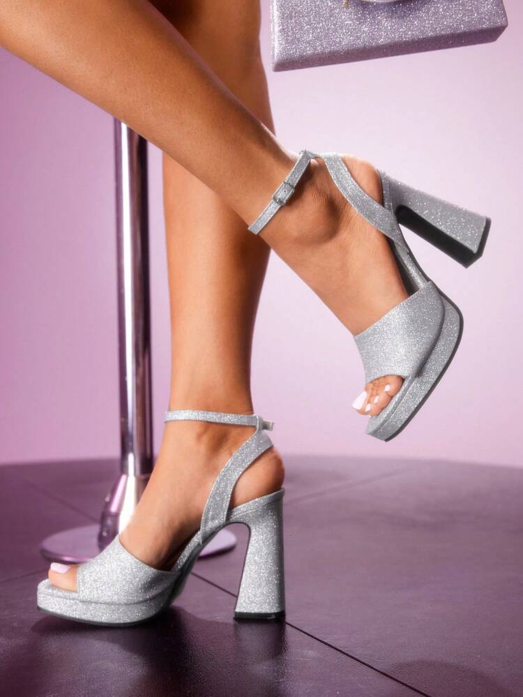 CUCCOO LuxiPop Women Shoes Square Head Thick Heel Thin Flash Platform Shoes Women's High Heel Sandals Nightclub Style Wear Halloween Christmas New Year Party Wear