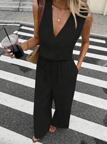 Serisse 女式纯色露背系带宽松阔腿无袖连体裤 - 黑色 - 查看 3