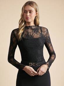 Amorya Femme Élégante Blouse Ajustée à Manches Longues en Maille Transparente