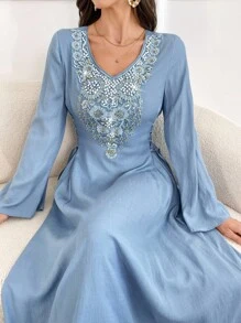 Al Najma 女式 V 领长袖宽松系带朴素连衣裙