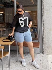 Dripcurv Pantaloni scurți skinny din denim pentru femei, mărime plus, casual, de vară, la modă, cu ciucuri, decorați cu ciucuri - Albastru - Vizualizare 3