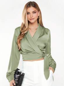 BizChic Women's V-Neck Long Sleeve Cropped Shirt With Knot Hem, Casual Urban Commuter Basic Minimalist Elegant Chic Business Casual Outfit, Suitable For Teachers And Office Wear, Autumn