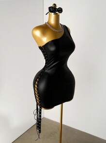 Mistrie Women's Sexy Nightclub Party PU Leather Side Lace-Up Bodycon Mini Dress - Black - View 6