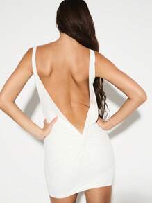 KIZN 优雅船领露背迷你连衣裙扭结后背细节派对俱乐部夜间外出婚礼宾客紧身修身短裙特殊场合无袖修身 - 白色 - 查看 1