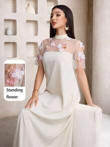 Al Najma 女式 3D 花朵装饰网眼拼布短袖阿拉伯风格连衣裙 - 杏色 - 查看 4