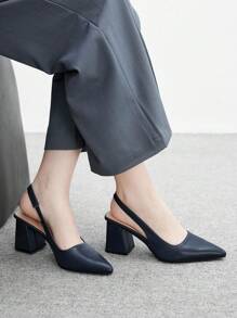 CUCCOO BIZCHIC 尖头粗高跟深蓝色系带简约女式浅口鞋，适合日常、通勤、工作装 - 藍色 - 查看 5