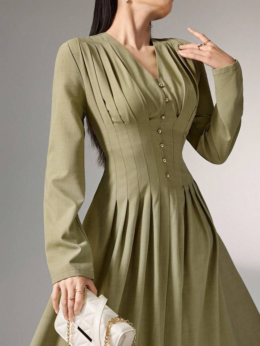 Heiryn Váy đi làm phong cách Hàn Quốc, xếp ly, thắt eo, cài nút, đa năng và thanh lịch - màu xanh lá - Xem 1