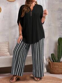 Rusticease 2 件套大码纯色 V 领短袖上衣和全身印花裤休闲度假装，适合夏季 - 黑色 - 查看 7