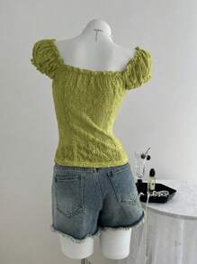 Elamini Camiseta ajustada de mujer con cuello cuadrado, mangas abullonadas y textura de jacquard, para primavera/verano - Verde - Ver 2