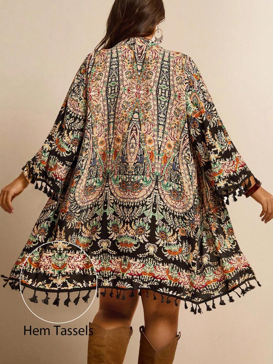 Freevana Plus Size Printed Beach Fringed Hem Kimono,Travel Airport,Going Out,Country,Back To School, Holiday Elegant, Vacation Style, Holiday,Boho/Bohemian Kimono,Print Kimono Summer Plus Size Kimono Plus Size Hippie Boho Kimono - Multicolor - View 1