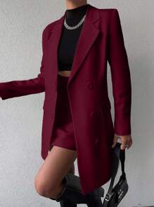 EURMUSE Women's Fashion Commuter Solid Color Jacket & Skirt Suit Set - Burgundy - View 4