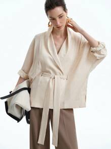 Aalyst 女士法式优雅时尚休闲宽松亚麻混纺衬衫裙配腰带，轻盈舒适，适合工作、度假、春秋冬 - 杏色 - 查看 1