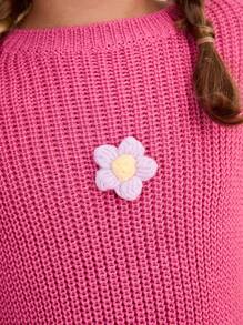 Blossori Young Girls' French Elegant 3D Floral Crew Neck Long Sleeve Knit Dress Girls Sweater Dress Girl Long Sleeve Dress Kids Pink Dress Girls Floral Dress,In Fall/Winter