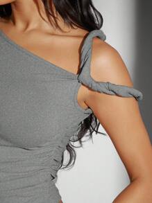 Denimoi Áo crop top nhún bèo lệch vai mùa hè - Màu Xám nhạt - Xem 5