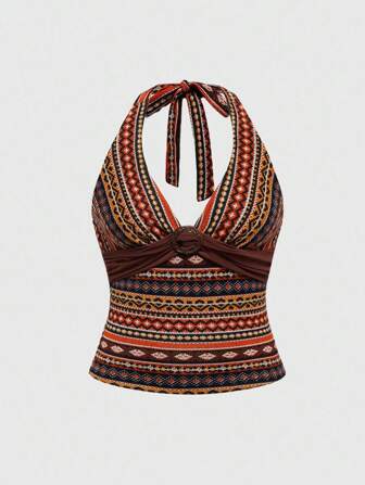 Hippie Camiseta de tirantes con cuello halter y diseño fruncido con patrón geométrico para mujer de talla grande