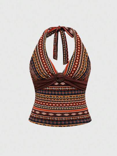 Hippie Plus Size Women Geometric Pattern Ruched Design Halter Neck Camisole