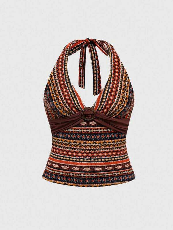 ROMWE Hippie Plus Size Women Geometric Pattern Ruched Design Halter Neck Camisole