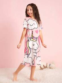 SHEIN Leap Crew Tween Girl Cartoon & Letter Graphic Lounge Dress