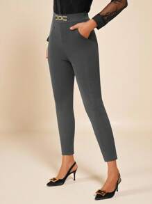 Amorya Quần bó cạp cao họa tiết khóa kim loại dành cho nữ mừng năm mới, sinh nhật, mùa thu, quần áo nữ - Màu xám đen - Xem 3