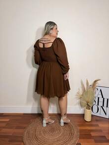magalhaesca Plus Tie Back Lantern Sleeve Ruched Bust Dress,Corset Dress For Women - Chocolate Brown - View 2