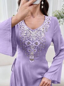 Al Najma Women's Floral Print Decorated Long Sleeve Side Tied Arabian Dress - Purple - View 3