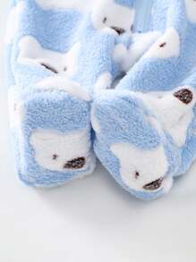 2件套新生儿可爱考拉印花刺绣毛绒加厚长袖连体睡衣，秋冬 - 藍色 - 查看 3