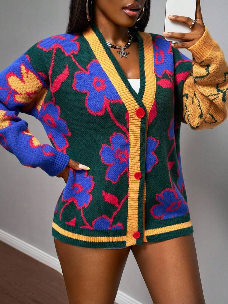 Slaydiva Nuovo cardigan in maglia con scollo a V, maniche lunghe a goccia, lettera e fiore in pelliccia 3D, colore fucsia, stile casual da strada, autunno/inverno 2025 per donna - Multicolore - Visualizzare 2