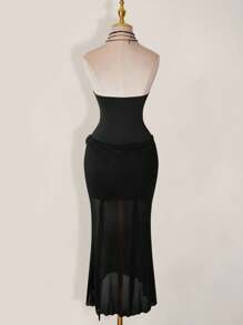 SHEIN ICON Robe ras-du-cou à la taille avec dentelle contrastée, robe en maille noire - Noir - Voir 2