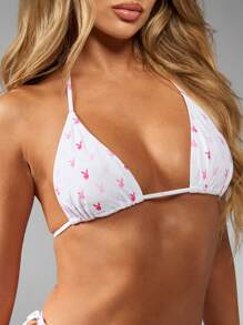 Missguided x Playboy 兔子印花三角比基尼套装露背系带沙滩泳衣度假装夏季泳池派对沙滩装 - 彩色 - 查看 3