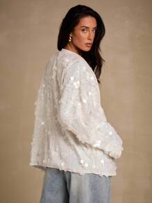 Glamine 优雅性感亮片休闲时尚百搭女式夹克亮片开衫白色亮片开衫女士亮片开衫亮片夹克万圣节婚礼宾客礼服 - 杏色 - 查看 2