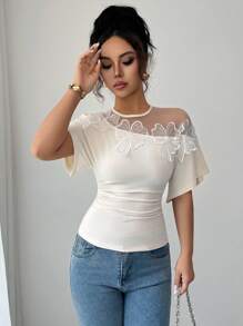 Elenzga Women's Applique Decor Mesh Patchwork Ruffle Sleeve Fashionable Pleated T-Shirt - Apricot - View 6
