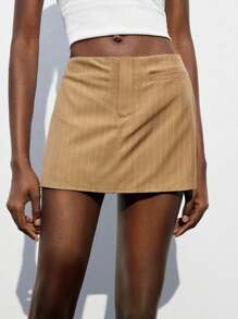 Maija Khaki Striped No-Waistband Design Women Mini Skirt,Autumn Chic Back-To-School Fashionable Casual Modern Urban Elegant Business Daily Office Y2K Style - Khaki - View 4