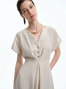 Lyxana 可变形 V 领优雅盖袖收腰 A 字裙，适合女士秋季、万圣节、返校节、返校、非洲连衣裙、女士非洲连衣裙、亚麻中长连衣裙、绷带连衣裙、休闲装。 - 杏色 - 查看 4