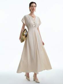 Lyxana 可变形 V 领优雅盖袖收腰 A 字裙，适合女士秋季、万圣节、返校节、返校、非洲连衣裙、女士非洲连衣裙、亚麻中长连衣裙、绷带连衣裙、休闲装。 - 杏色 - 查看 5