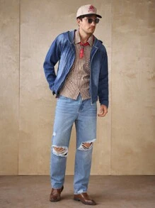 Manfinity Homme Áo khoác denim Niche Heavyweight xếp ly giặt có mũ trùm đầu, áo khoác ngoài thường ngày cỡ lớn dành cho nam - Màu xanh lam - Xem 4