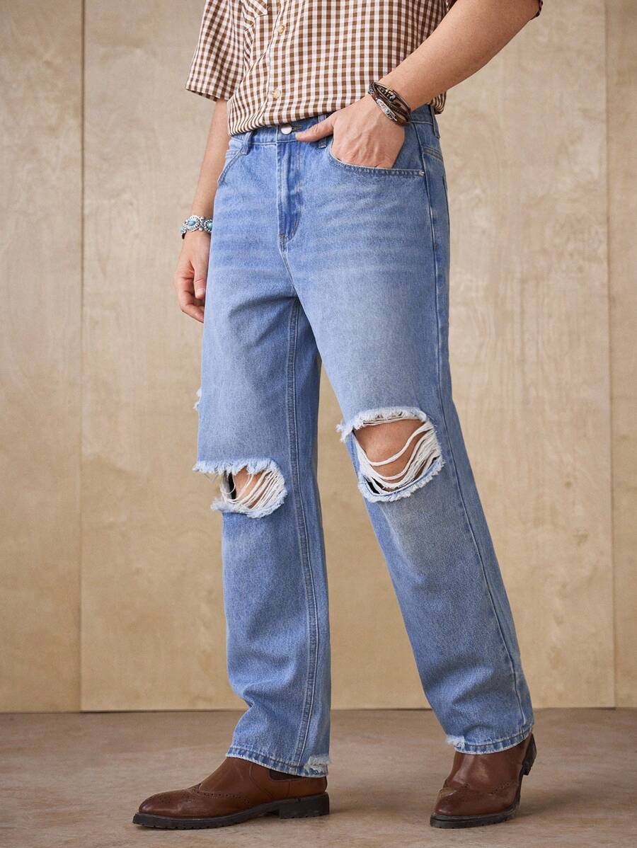 Manfinity Homme Men's Light Blue Distressed Straight Leg Jeans - Light Wash - View 1