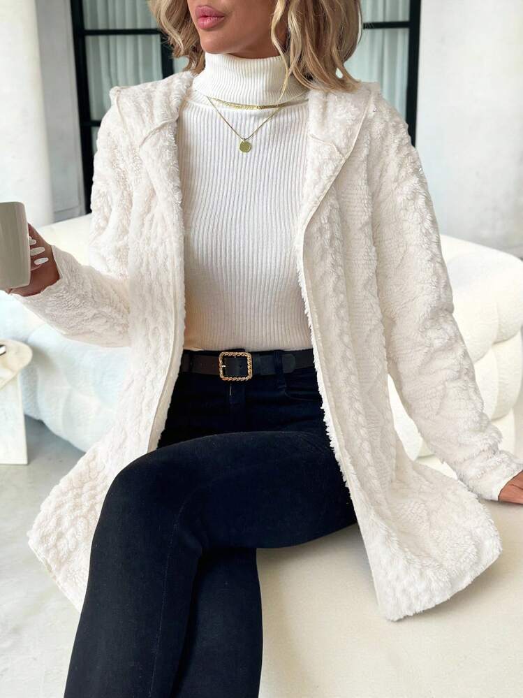 SHEIN Clasi Women's Casual Hooded Textured Fleece Jacket, Autumn/Winter,Fall - White - View 6