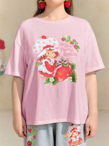 Strawberry Shortcake X SHEIN Plus Size All-Match Comfort Large Graphic Pink T-Shirt, Versatile, For Summer - Pink - View 1