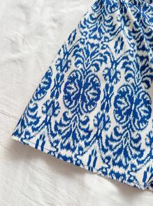 Soleia 女士度假蓝白花卉图案露背系带腰部镂空宽松连体裤，适合度假、约会、下午茶、西部风、游轮、海滩、海岛、公路旅行、四季、音乐节、波西米亚风度假 - 藍白色 - 查看 7