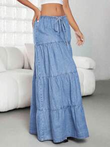 Jeanoix High Waist Denim Skirt, New Summer Ruched Waist Drawstring Casual Maxi Skirt - Light Wash - View 4