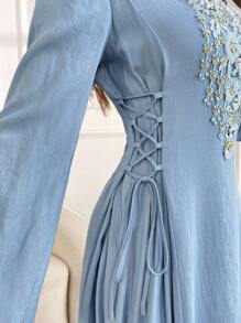 Al Najma 女式 V 领长袖宽松系带朴素连衣裙