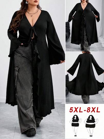 SHEIN CURVE+ Curves Plus Size/Chool Clothes/Back To School Clothes /Back To SchoolPlus Size Women V-Neck Tie Front Flare Sleeve Knitted Sweater Black Outfits For Women Edgy Clothes Woman Black Top Plus Size Black Top Curve Fall Clothes,Fall Clothes For Womenfall Clothes For Women,Winter,CURVE PLUS Halloween