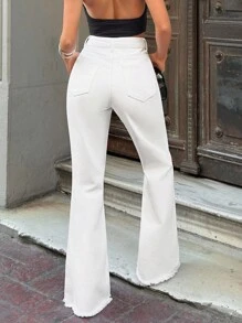 EURMUSE 高腰不对称腰带白色阔腿牛仔裤 - 白色 - 查看 2