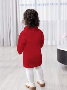 SHEIN Babygirl 可爱扭纹白色高领休闲连衣裙，秋冬 - 紅色 - 查看 2