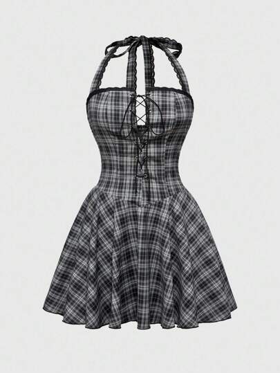 Anime Vestido mini súper corto con escote halter y cordones, de estilo vintage a cuadros