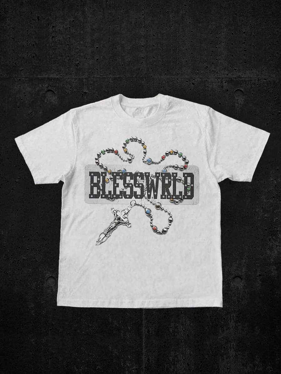 Manfinity Cross Necklace Blessing, Men's Street T-Shirt - White - View 1