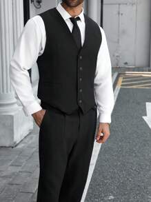 Manfinity Mode Conjunto de traje de blazer, chaleco y pantalones de unicolor para hombres de talla grande, formal, para ceremonia - Negro - Ver 5