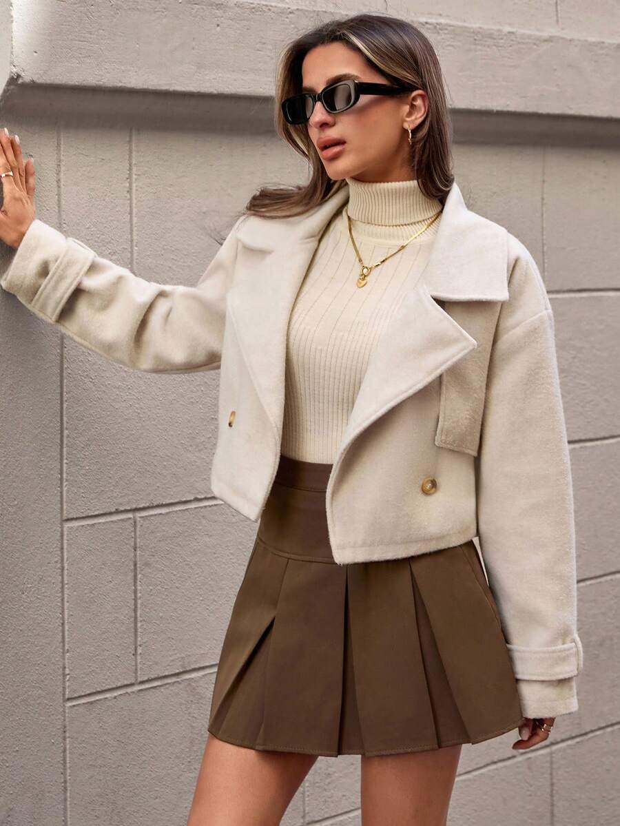 EURMUSE Women's Solid Belted Short Elegant Wool Overcoat - Beige - View 1